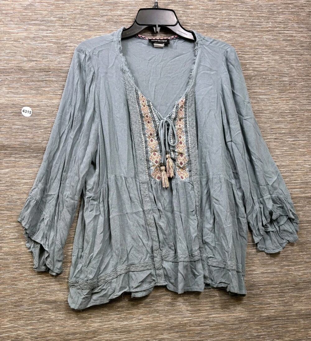 Weavers Lace Bell Sleeve Fairycore Peplum Blouse Womens Size XL Gray Boho